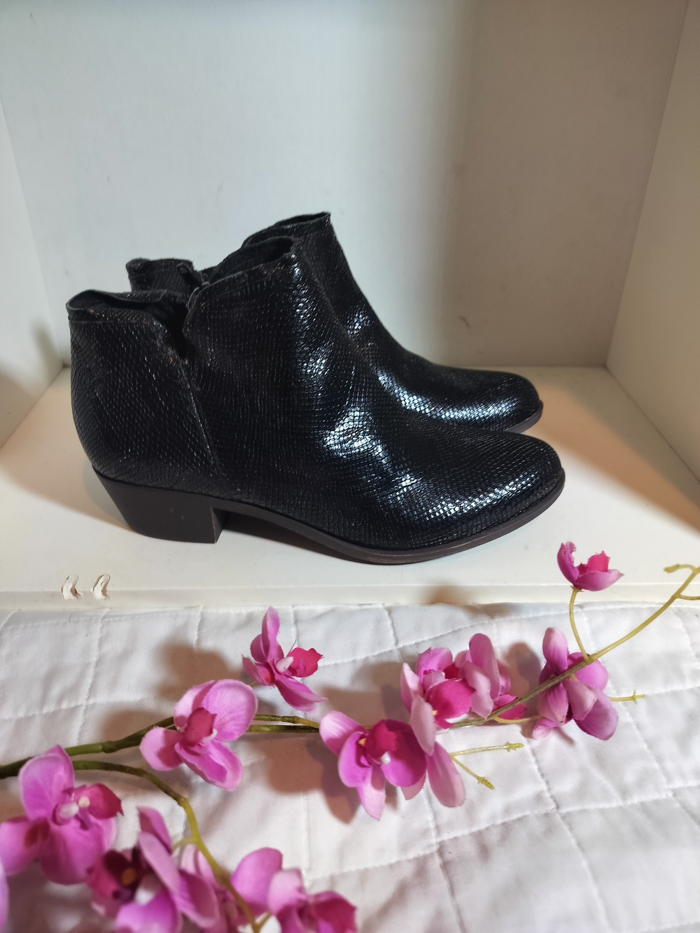 Women's Black Textured Ankle Booties with Low Block Heel